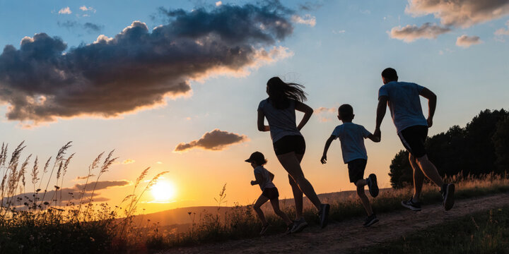 Family running outdoors at sunset with scenic sky and nature landscape