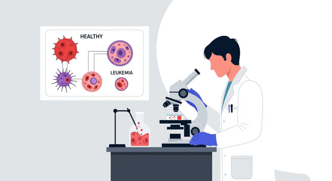 Scientist analyzes leukemia cells under microscope, research lab, medical illustration