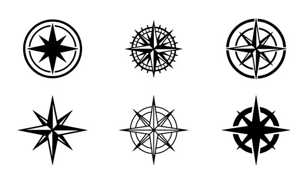 Set of Six Black and White Compass Rose Icons, Navigation Symbols, Wind Rose Designs, Nautical Directional Graphics, Marine Star Charts, Exploration Tools