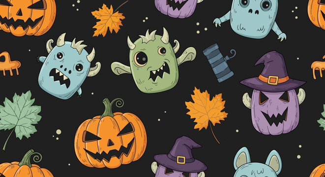A repeating pattern of cartoon monsters, pumpkins and autumn leaves on a dark background