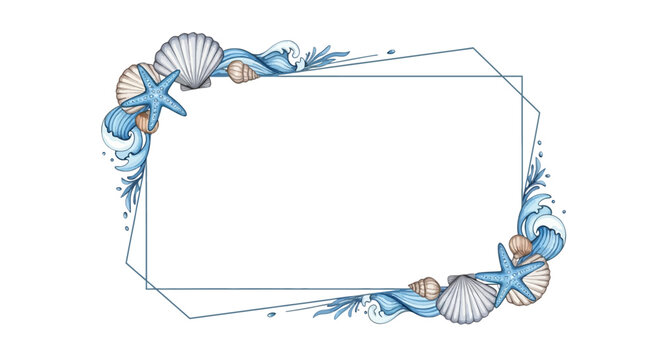 A beautiful illustration of seashells, starfish and ocean waves with a geometric frame design