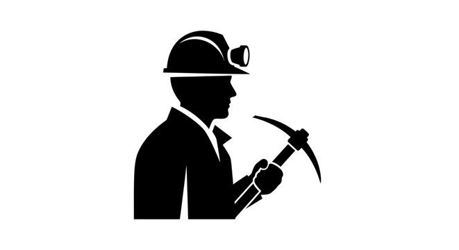Man in mining helmet holding pickaxe.