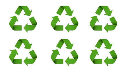 Fototapeta premium Six green recycling symbols arranged in a pattern on a white background, ready for use