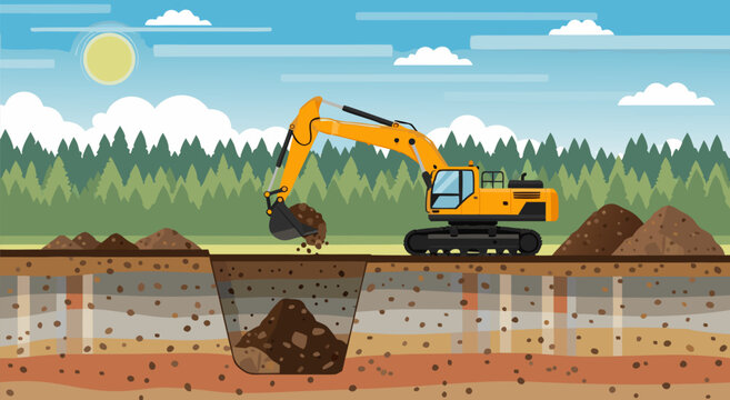 An illustration depicting a yellow excavator digging deep into the earth's layers on a sunny day.
