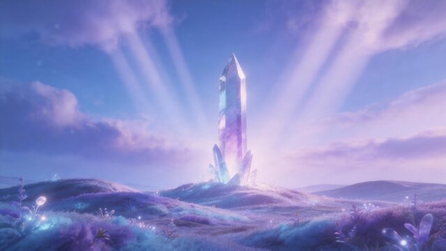 Glowing crystal spire in mystical landscape