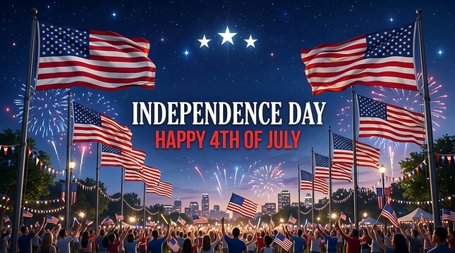 Happy 4th of july independence day celebration with american flags and fireworks