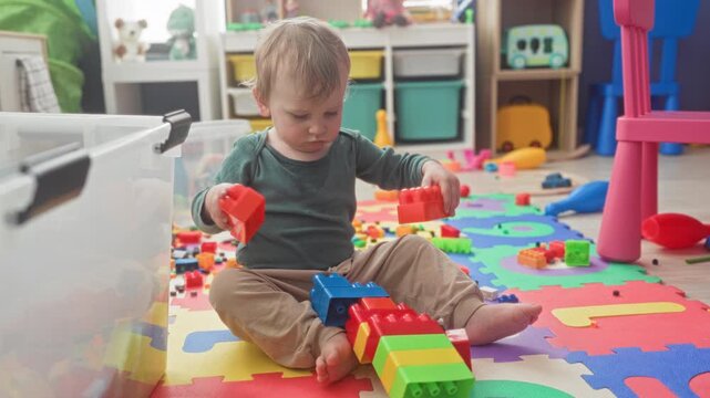 Little blonde boy holds and stacks colorful plastic blocks on a foam puzzle mat inside a building playroom, hands busy and focused; quiet concentration.