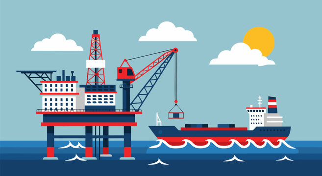 An offshore oil rig and cargo ship sail near each other in a vector illustration.