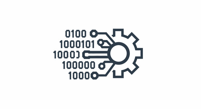 Digital gear with binary code illustration representing data processing and technology