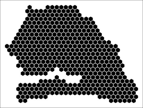 Senegal simple black and white hexagon map shape template. Country plain hexagon cell dots. Senegal flat honeycomb boundary. Vector Illustration.