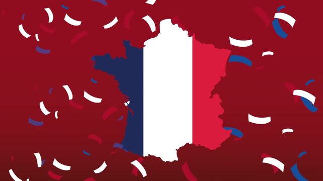 Dynamic animation of france map with flag colors and falling confetti celebrating national events and pride.