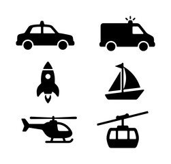 Set of 6 Black Transportation Icons: Police Car, Ambulance, Rocket, Sailboat, Helicopter, Cable Car, Vector Graphics for Mobility and Travel Concepts © Jeba