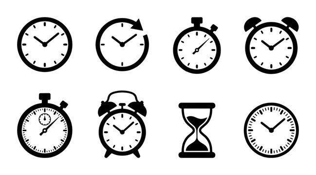 Vector Icons of Timekeeping Devices: Clocks, Stopwatches, and Hourglass, Black and White Set for Business and Lifestyle Concepts