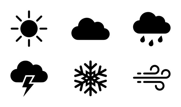 Weather Icons Set: Sun, Cloud, Rain, Thunderstorm, Snow, Wind Symbols, Vector Graphics for Forecast and Meteorology Applications