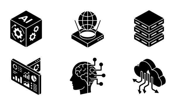 AI Technology Icons Set, Artificial Intelligence Brain, Data Cloud Storage, Server Stack, Global Network, Isometric Vector Graphics for Digital Innovation