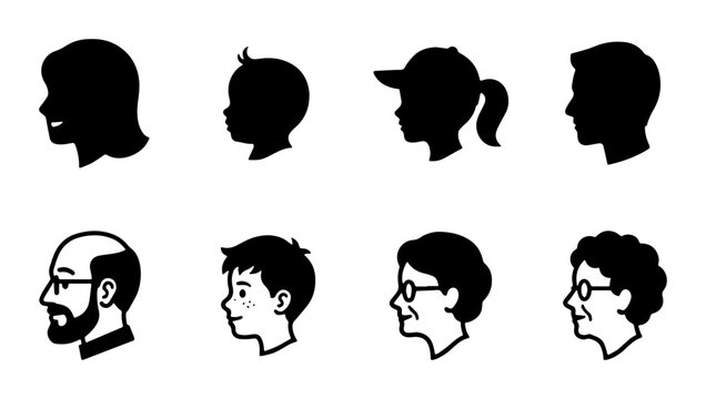 Diverse Human Profile Silhouettes, Vector Icons Set: Male, Female, Child, Adult, Elderly Faces, Head Icons for Identity, Community, Diversity Concepts