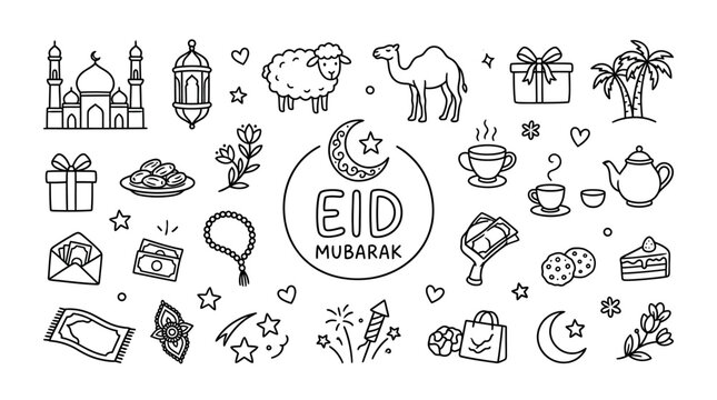 Eid Mubarak festive icons and symbols.