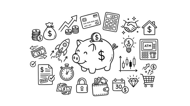 Piggy bank with money symbols around.