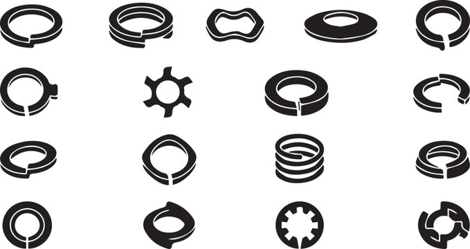 Professional Split Lock Washer and Helical Spring Silhouette Vector Icon Grid