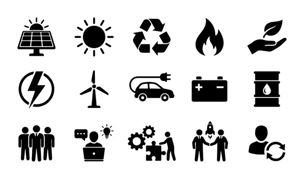 Eco-friendly Energy Icons Set, Renewable Power Symbols, Sustainable Technology Graphics, Green Industry Concepts, 15 Vector Elements