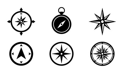 Obraz premium Set of 6 Vintage Compass Icons, Nautical Navigation Symbols, Retro Directional Tools, Marine Adventure Graphics, Black and White Vector Collection