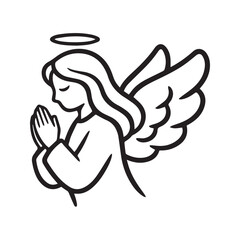 Obraz premium Simple black and white line art illustration of a cute praying angel flying with halo and wings 