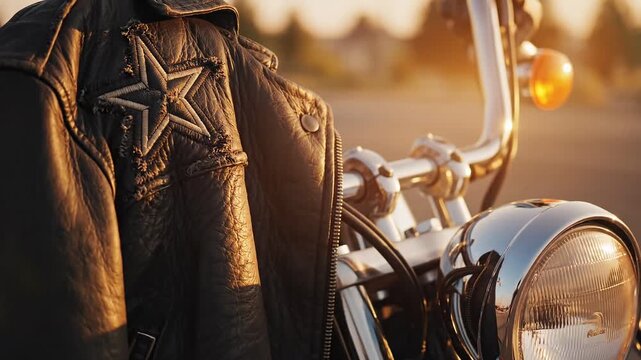 Bikers Leather Jacket with Star Design on a Motorcycle.