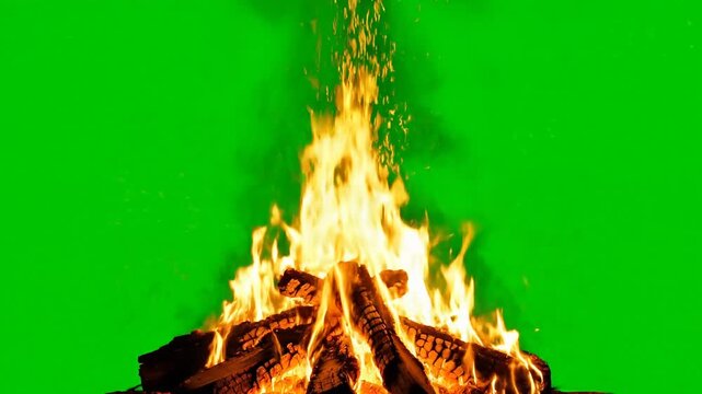 Campfire Burning on Green Screen with Sparks and Flames.