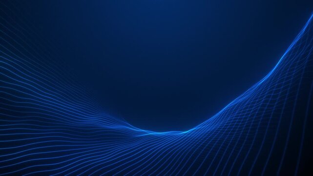 Glowing blue wireframe waves shaping abstract digital valley. Flowing neon grid landscape with smooth curved lines and deep perspective space. Elegant technology backdrop. Seamless loop animation.