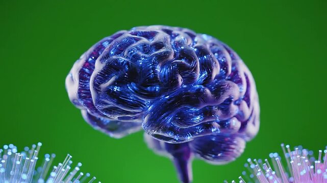 Digital Brain with Fiber Optics on Green Background Representing Artificial Intelligence and Technology.