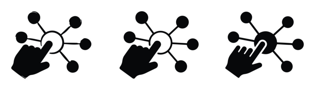 Interactive network selection icons, hand clicking digital node vector set, black and white connectivity symbols for web interface and data visualization