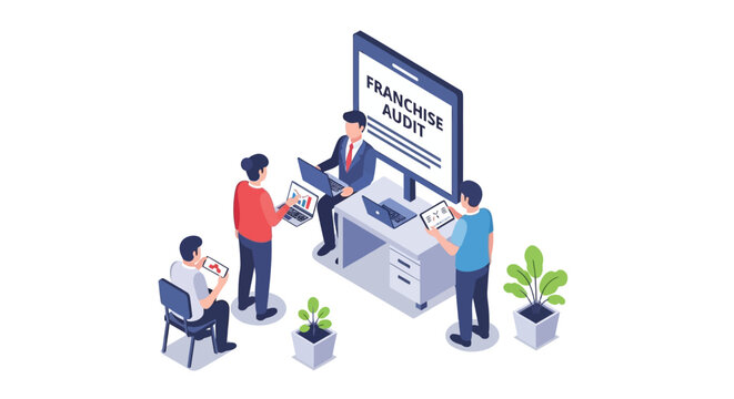 Isometric illustration of business people reviewing franchise audit report.