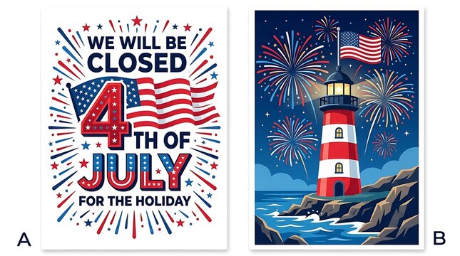 Patriotic 4th of july closed sign and lighthouse fireworks illustration