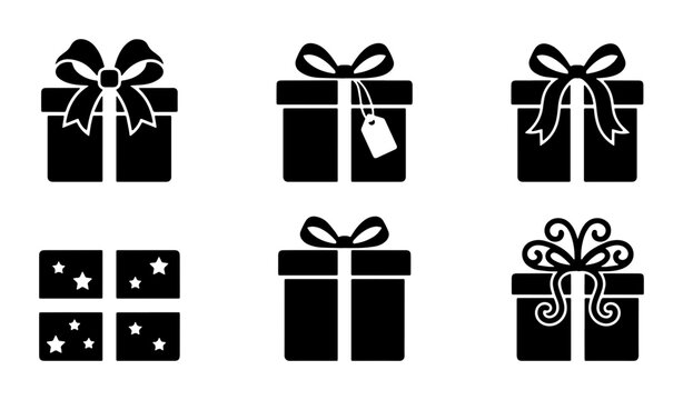 Set of 6 Black Gift Box Icons, Festive Present Vector Graphics, Celebration Surprise Symbols, Holiday Packaging Elements, Birthday Present Vector Art, Christmas Gift Box Icons