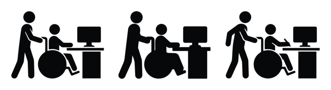 Inclusive workplace icons, disabled person in wheelchair at computer desk with assistant, accessibility and diversity vector set for office signage