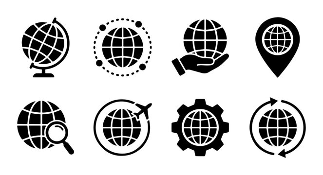Global Network Icons, Earth Planet Symbols, World Map Location Pins, Digital Connectivity Graphics, International Business Concepts, Technology & Travel Elements