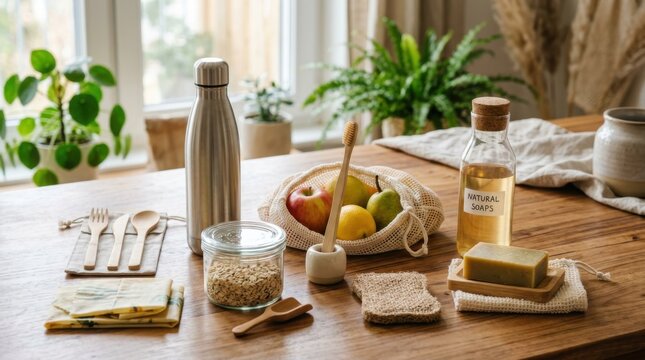 Eco-friendly kitchen essentials with reusable bottle and natural soap. World Environment Day concept.