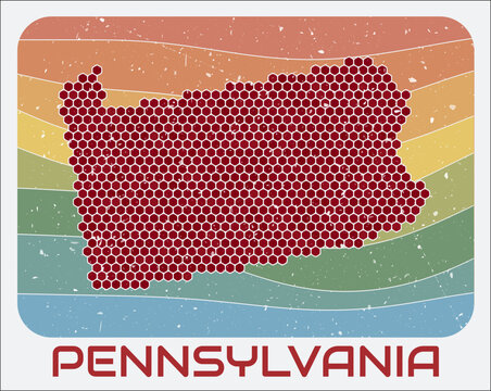 Pennsylvania, United States vintage logo. Hexagon dots shape of the state on retro colored stripe waves background. Pennsylvania, United States map design with grunge scratch texture.