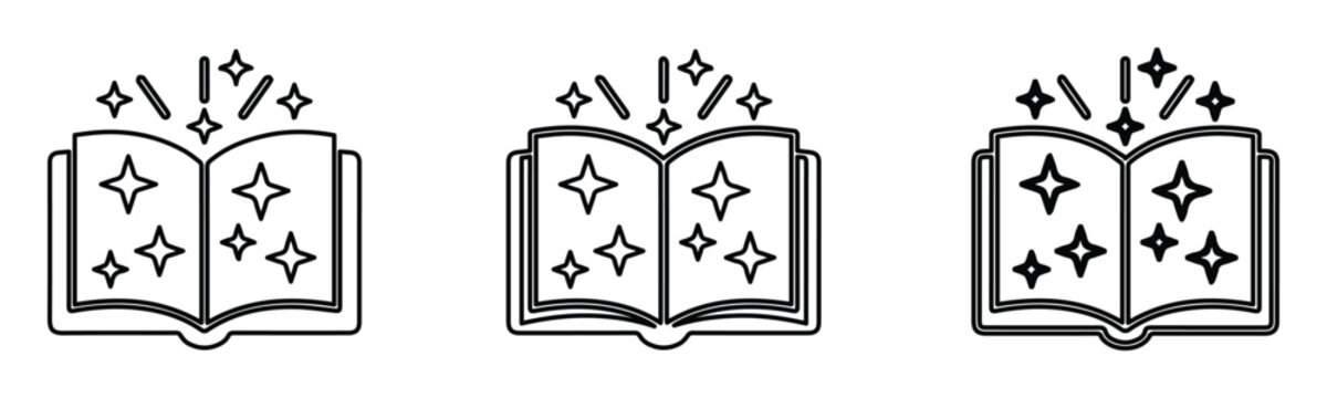 Magic book line icons with sparkling stars, open spellbook vector set, enchanted storybook symbols for fantasy literature and education