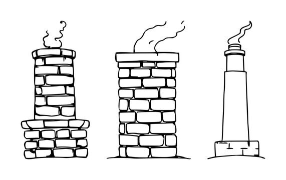 Chimney set with simple black stroke lines and minimalistic style featuring architecture, building, house with roof and smoke stack