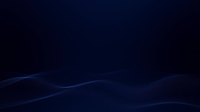 Abstract blue dotted wave landscape on dark background. Flowing digital particle surface with smooth grid relief and deep perspective space. Minimal glowing technology terrain seamless loop graphics