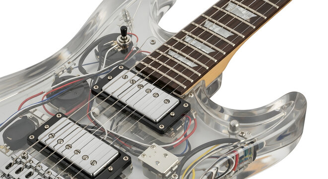 Closeup of a transparent electric guitar body with visible electronics isolated on transparent background