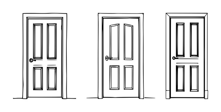 Door set with an open and closed view featuring handles, door frames, keyholes with knockers and hinges as line art