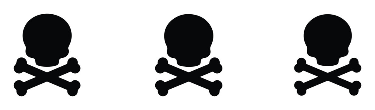 Skull and crossbones silhouette icons, black pirate danger symbols, set of three death warning signs for toxic or hazardous materials