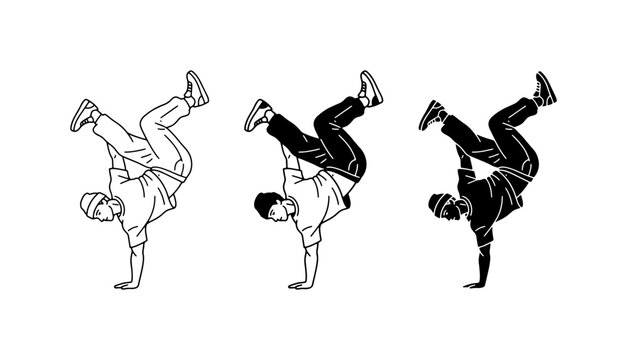 Dynamic Breakdance Silhouette and Outline Vector Set, Urban Street Dance Figures, Hip Hop Movement Art