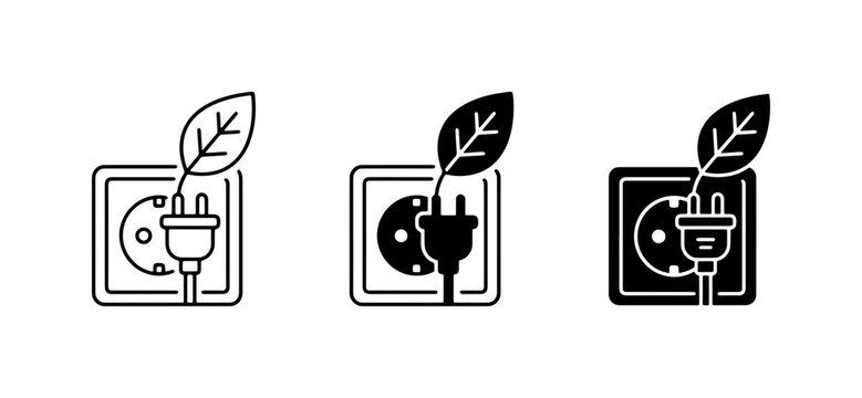 Eco-friendly energy icons, green power plug and socket, renewable electricity concept, sustainable technology symbols, clean energy solutions, environmental conservation graphics