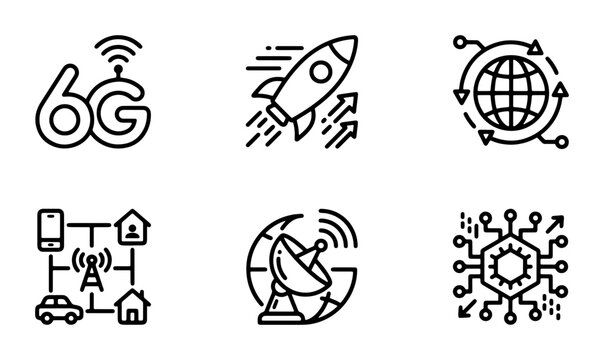 6G Network Technology Icons, Satellite Communication, Global Connectivity, Rocket Launch, Smart Home Network, Futuristic Circuit Board Vector Set