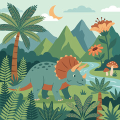 A charming triceratops stands amidst lush tropical vegetation and mountains, capturing the essence of a prehistoric world filled with vibrant flora and serene nature. © pingyuan zhong