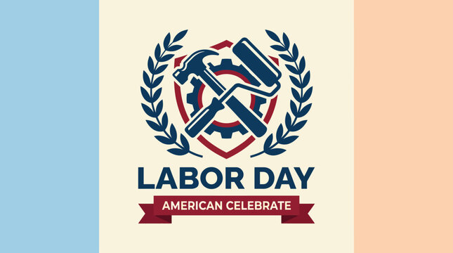 The Labor Day emblem features tools and laurel leaves, celebrating workers' rights and achievements in the labor industry and community festivities across America.