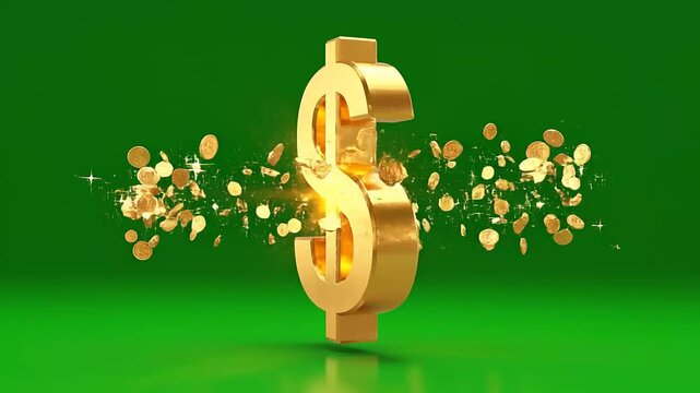 Golden Dollar Sign with Exploding Coins on Green Background.